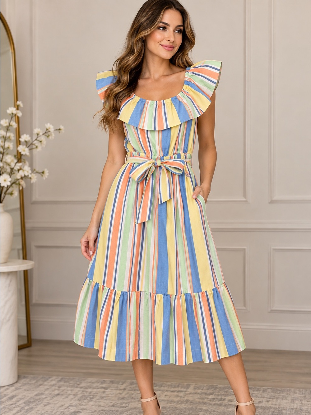 Draper James 🔥 Pastel Multi-Stripe Ruffle Midi Dress